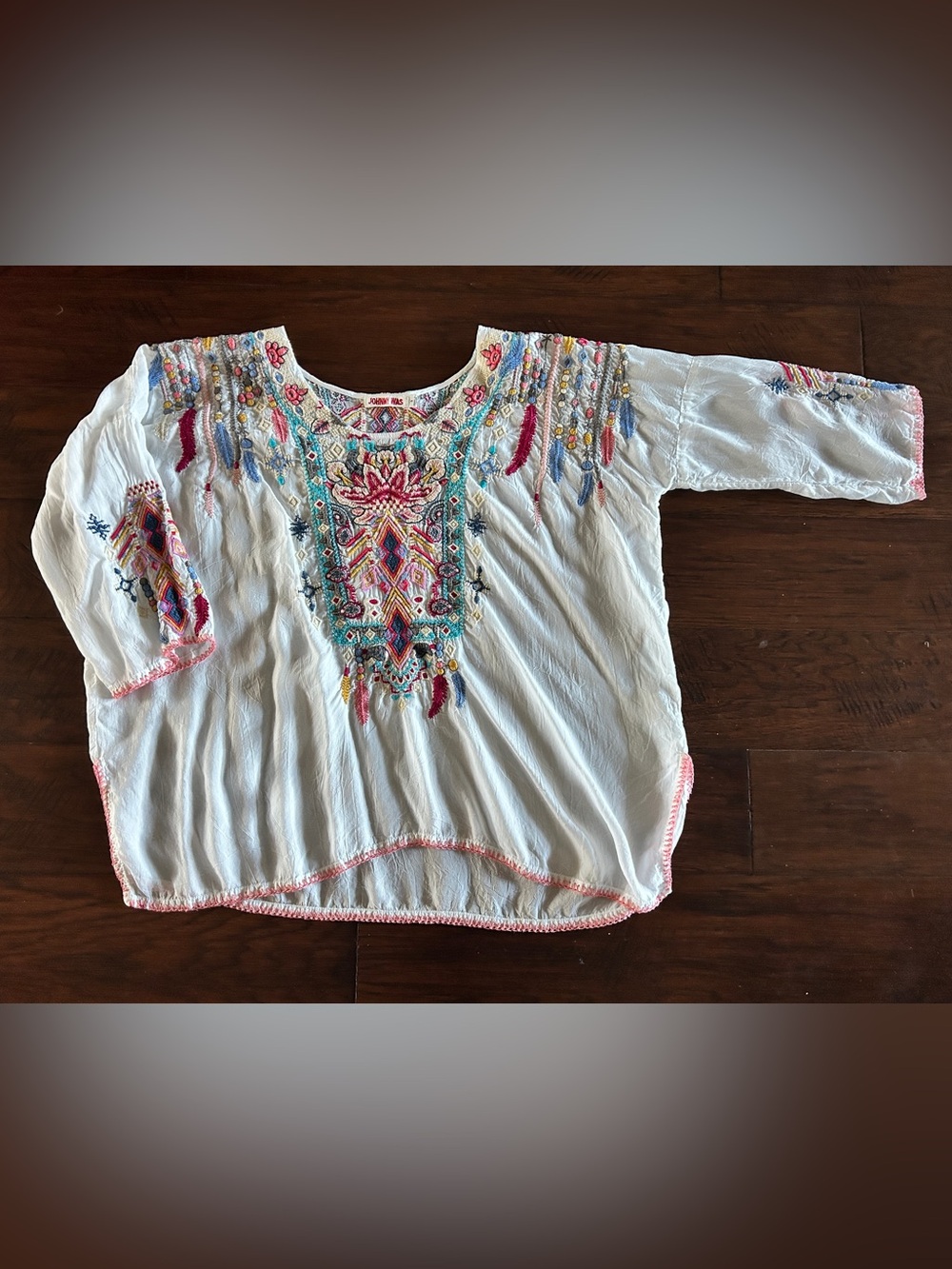 Johnny Was White Embroidered Boho Tunic with Multicolor Accents
